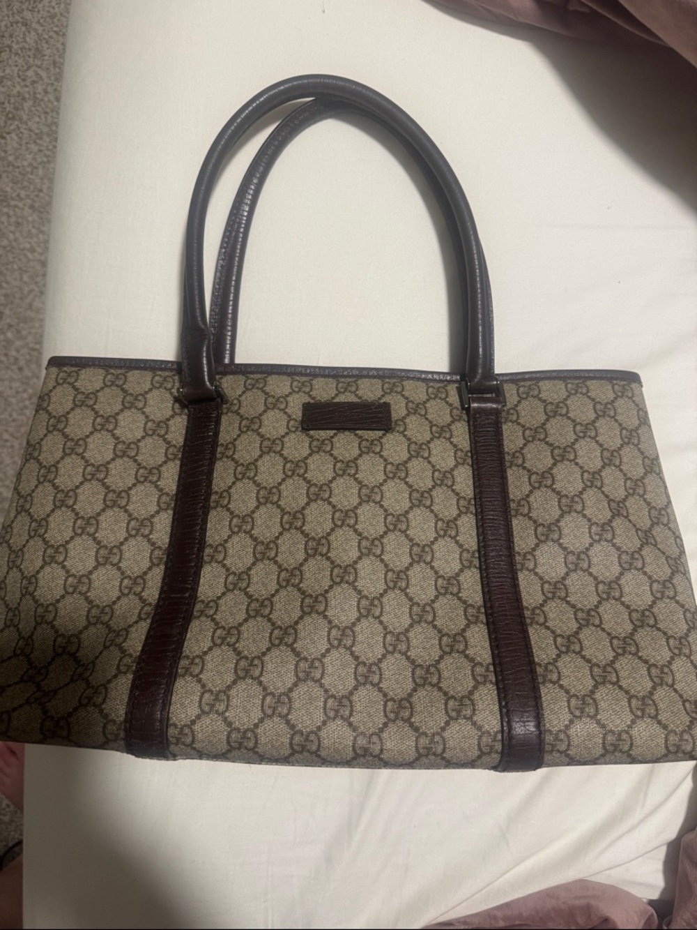 Authentic Gucci Beige GG Canvas Tote with Dark Brown Leather Trim